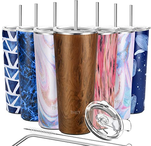 Edelstahl-Vakuumisolierter Becher – THILY 780 ml Reisebecher, Weithals-Kaffeetasse mit 2 Deckeln und Strohhalmen, spritzwassergeschützt, BPA-frei, hält Gefrorene Getränke kalt, Originale Holzmaserung