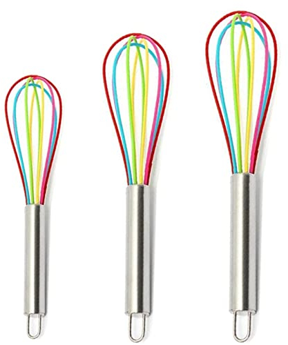Cheeroyal Lot de 3 fouets en silicone, fouets en silicone de cuisine Agitateur à œufs coloré en silicone avec poignée en acier inoxydable pour la cuisson au four (8/10/12 pouces) (ensemble 1)