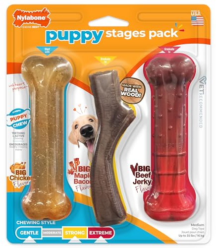 Nylabone Puppy Stages Dog Chew Toy Pack - Puppy Chew Toys for Teething and Chewing - Puppy Supplies - Chicken, Maple Bacon, and Beef Jerky Flavors, Medium/Wolf (3 Count)