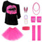 Aomig Women's 80s Costume Accessories Set, 8pcs 80s Fancy Dress Party Neon Costume Accessories for Women Girls, Lips Print T-Shirt Adult Tutu Skirt with Headband Necklace Gloves for 80s Theme Party