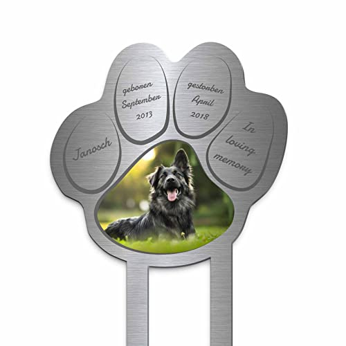 Edelstahl Grabstecker Hund Katze - Blumenstecker Pfote mit Foto | Personalisierter Metall Grabschmuck wetterfest Tiere | Tiergrab Hundegrab Katzengrab Deko | Trauer Andenken (Personalisierbar)