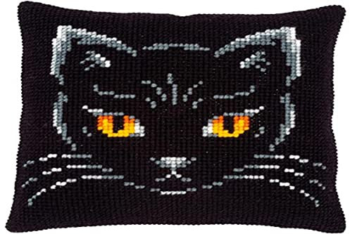 Vervaco Kreuzstich Stickpackungen Kissen Stickerei Set Anfänger Vorgedruckt Schwarze Katze DIY Set Kreativ Set Für Erwachsene Dekoratives Kissen ca. 40 x 40 cm Bastelset Handwerker Haus Dekoration
