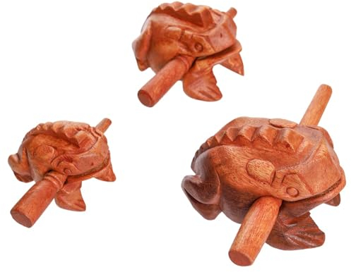 Percussion Instruments Holzfrosch, 3-teiliges Set mit 10,2 cm Frosch, 7,6 cm Frosch, 5,7 cm Frosch, Holzfrosch, Musikinstrument, Heimdekoration (braune Farbe)