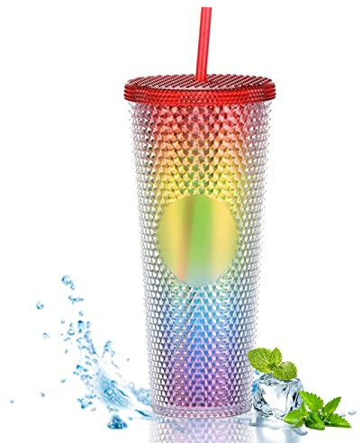 TWSOUL Studded Cup Tumbler 710ml Studded Tumbler with Lid and Straw Reusable Cold Cup for iced Coffee Double Walled Plastic Water Bottl (Multicoloured)
