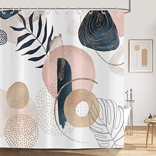 ASDCXZ Boho Style Duschvorhang 180x200 cm, Modern Abstrakt Kunst Blätter Kreisförmig Weiß Bad Waschbar Duschvorhänge Polyester Textil Wasserdicht Duschvorhang für Badewanne mit 12 Haken