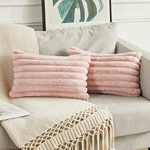 Joyouth 2er Set Doppelseitige Plüsch Samt Kissenbezüge Weiche Künstliche Pelz Kissenbezüge Dekorativ für Couch Sofa Schlafzimmer Wohnzimmer Zuhause 30x50 cm Rosa