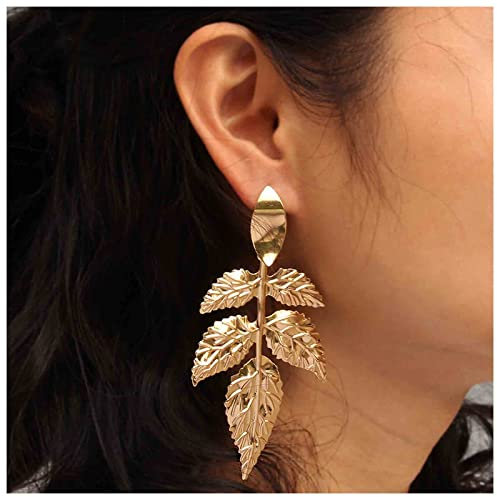 Dervivea Boho Metal Leaf Drop Earrings Gold Leaf Dangle Earrings Punk Large Leaf Earrings Leaves Statement Earrings Jewelry for Women and Girls