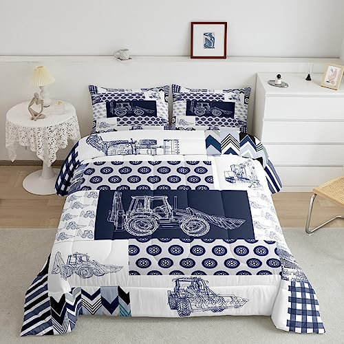 Feelyou Kids Construction Comforter Set Twin Equipment Trucks Bedding Set for Boys Cartoon Car Excavator Tractor Tröster Baufahrzeuge Plaid Gitter Blau und Weiß Bettbezug Set mit 1 Kissenbezug