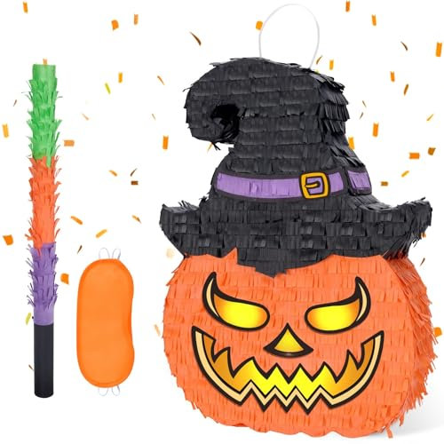 WERNNSAI Halloween Pumpkin Pinata - Scary Pumpkin Pinata with Blindfold and Bat for Kids Adults Trick Treat Game Supplies Spooky Halloween Party Decoration Outdoor Yard