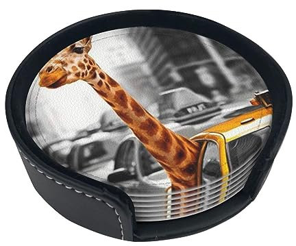 Lot de 6 dessous de verre en cuir imprimé girafe à New York avec support pour la maison, le bureau, la cuisine