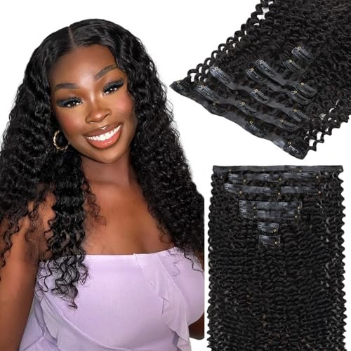 Lashey Clip in Extensions Echthaar Kinky Lockig 110g 7 Stück Nahtlose Clip in Haarverlängerung Natürliches Schwarz Remy Menschliches Haar 35cm(14 Zoll)