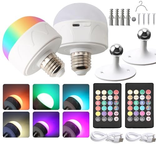 Rechargeable Light Bulb with Remote Control,4W Battery Powered Light Bulbs E27 Non-Hardwired Dimmable LED Bulb,Outdoor Camping Emergency Light Bulb with Hook,Warm+Cold White+RGB/2 Pack