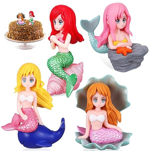Kisangel Miniature Mermaid Figurines, 4pcs Mini Mermaid Doll Cake Toppers, DIY Ornaments for Fairy Garden, Terrarium, Dollhouse, Moss, Succulents Decor