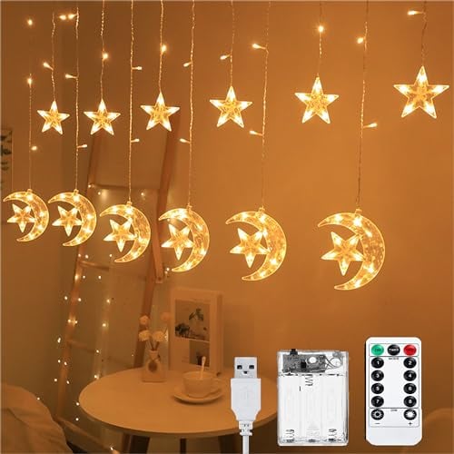 Lypumso Tenda Luminosa Stella Luna, 3.5M Luci di Natale 126LEDs, Catena Luminosa Natale a USB/Batteria con Telecomando, 8 Modalità Tenda Luci Natale IP44, per Decorazioni Natalizie, Feste, Matrimonio
