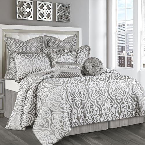 Loom and Mill 9-teiliges modernes Jacquard-Bettwäsche-Set, luxuriöses Damast-Bettwäsche-Set, Queen-Size-Bett, ultraweiche Bettdecke mit Euro-Kissenbezügen, Bettrock, gefülltes dekoratives Kissen für