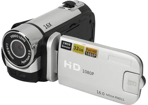 Videocámara D90 1080P, Cámara Digital de 16 MP con Zoom de 16X, Pantalla Giratoria de 2,4 Pulgadas, Luz de Relleno, Antivibración, Grabación en Bucle para Principiantes (Silver)