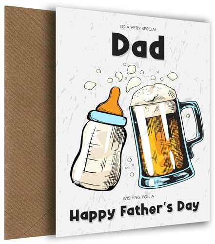 Hey Chimp Vatertagskarte für Babys, Jungen, Mädchen oder Ungeborene – Bier und Flasche – lustige Vatertagskarte für Babys – Prost an Papa mit Bierflasche!