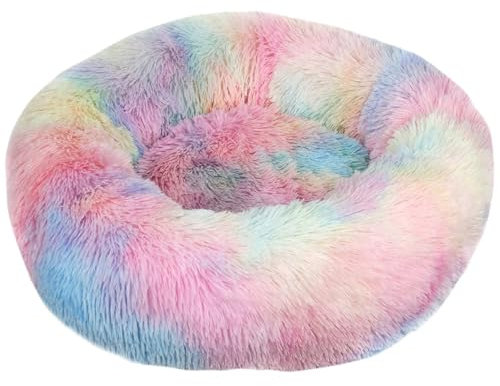 Kuscheliges Hundebett Hundebett Rund Hundekissen Plüsch Donut undekissen Waschbar Flauschig Hundematte Anti Rutsch Noppenboden 60cm Regenbogen