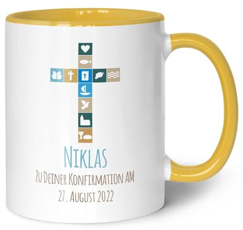 GRAVURZEILE Bedruckte Tasse - Zur Konfirmation V2 - Personalisiert mit Name & Datum - Gastgeschenk zur Kommunion Konfirmation Firmung - Geschenk für Jungen Mädchen - Farbe: Gelb