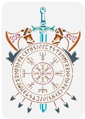 FINGERINSPIRE Wikinger-Kompass-Malschablone, 8,3 x 11,7 cm, PET, Vegvisir-Münze, Sprühen großer skandinavischer Runen, Zeichnungsvorlage, Wikingerwaffen, Pfeile, Äxte, Schwerter für Heimdekoration