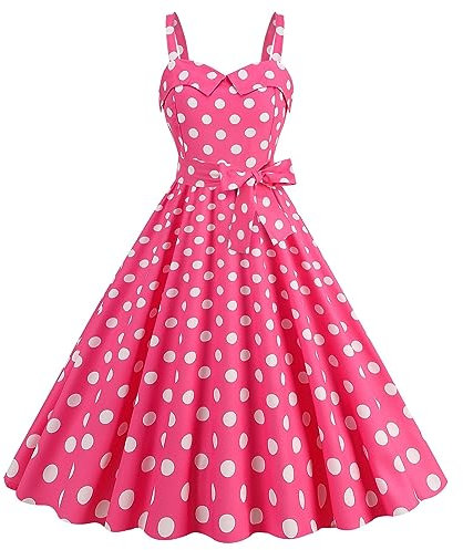Damen 1950er Vintage Polka Dots Kleid Spaghettiträger Rockabilly Midikleid Retro Swing Prinzessin Tea Party A-Linie Kleid Audrey Hepburn 50er 60er Party Tanzkleid mit Gürtel