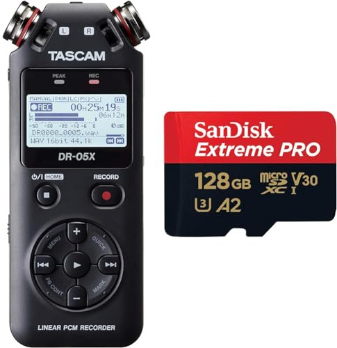 Tascam DR-05X portable audio recorder, usb2.0 & SanDisk 128GB Extreme PRO microSDXC card + SD adapter + RescuePro Deluxe, up to 200 MB/s