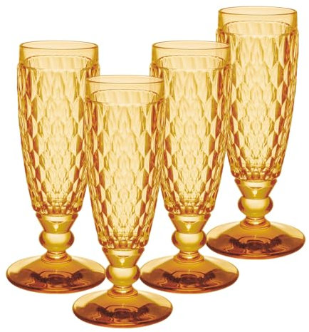 Villeroy & Boch Boston Saffron Sektgläser 4er Set, 145 ml, Farbige Sektkelche mit Facettenmuster, Kristallglas für Champagner und Schaumwein, Spülmaschinengeeignet, Gelb