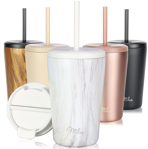 Milu Thermo Mug 400ml - 100% Leak-Proof - Stainless Steel Coffee Mug to go Insulated with Straw Keeps hot for 10h / Cold for 20h, BPA-Free (Pink-Marble, 400ml)