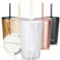 Milu Thermo Mug 400ml - 100% Leak-Proof - Stainless Steel Coffee Mug to go Insulated with Straw Keeps hot for 10h / Cold for 20h, BPA-Free (Pink-Marble, 400ml)
