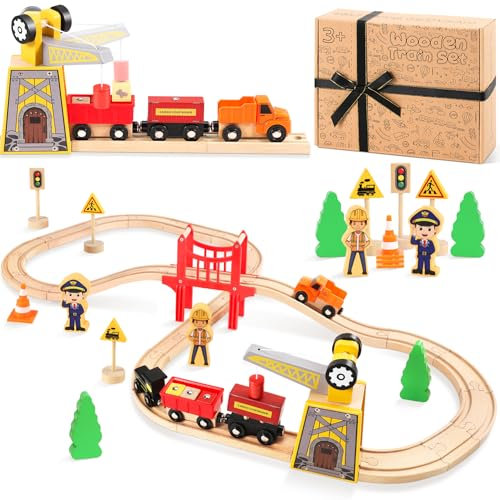 COOLJOYA Spielzeug 39pcs Holzeisenbahn Set für Kinder, Geschenk für Jungen und Mädchen ab 3 4 5 Jahren, Kinder