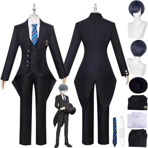 bbganlian Anime Charakter Ciel Phantomhive Cosplay Kostüm Outfit Rollenspiel Uniform Komplettes Set Halloween Karneval Dress Up Anzug mit Perücke Hut Augenklappe für Männer Jungen (L)