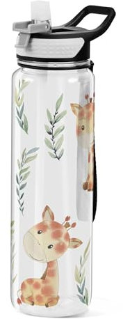Sevdomey Watercolor Giraffes Water Bottle with Straw Lid Clear Leakproof Gym Water Bottles for Outdoor Sport Drinking Fitness Workout Travel, 32 oz
