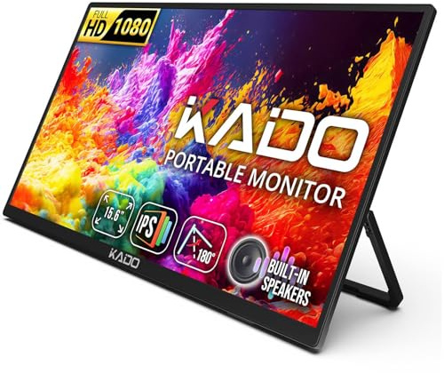 Kado Portable Monitor 15.6'' FHD 1080p, Ultra-Slim Laptop Monitor 1920x1080 with Built-in Speakers, IPS Display 180° Kickstand Wall/Arm Mount for PC, Mac, Phone, Xbox, PS5, USB-C & HDMI Connectivity