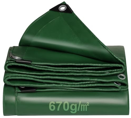 Tarpaulin PVC waterproof heavy duty 670g/m² Green,Reinforced Eyelets,Weatherproof, dust,snow,UV,cover for Outdoor Groundsheet Chicken Roof pool pond Building Caravan Lorry Boat tarp (3M x 6M)
