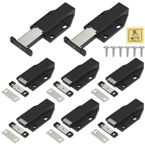 Push to Open Catches Jiayi 8 Pack Magnetic Push Open Latch Black Touch Open Catch for Cabinet Kitchen Drawer Closer Touch Release Open for RV Cupboard Door Damper, Large Push to Open Wardrobe Closure