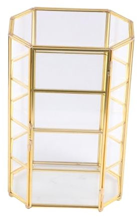 MagiDeal Golden Vintage Glass Jewelry Box Display Case Organizer for Trinkets, Necklace, Ring, Diamond, Flower 6.50x3.94x11.22