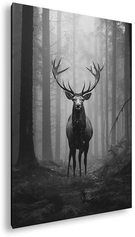 deyoli Erhabener Hirsch im mystischen Nebelwald. Format: 100x70cm Effekt:Schwarz&Weiß XXL Kunstdruck Motiv auf Holzrahmen/Leinwandbild/Wandbild/Wohnzimmer Dekoration
