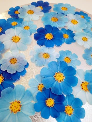Anglesit Pre-Cut Beautiful Gradient Blue Mixed Size Flowers Edible Rice Wafer Paper Cupcake Toppers Cake Decorations Birthday Wedding Party Celebration (Blue)