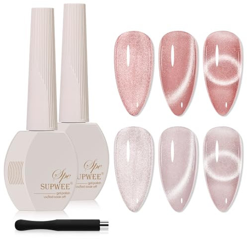 SUPWEE 2 Colors Cat Eye Gel Nail Polish Set, Silver Nude Magnetic Gel Polish with Magnet Holographic Glitter Cat Magnetic Eye Effect Nail Art Varnish DIY Salon for Women 15ml