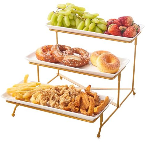 Fiita 3 Tier Serving Tray for Party Supplies, 14 Inch Ceramic with Golden Metal Dessert & Cake Presentation Stand for Buffets, Cake, Snack, Veggie, Fruit, Cookies, Dessert, Dishes