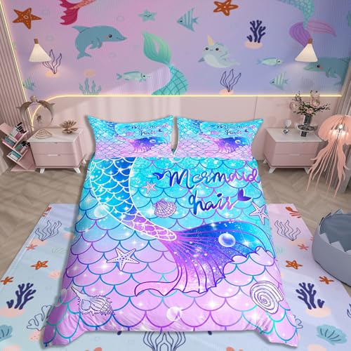 Homemissing Meerjungfrau Bettwäsche Set 135x200cm für Kinder Mädchen Teal blau lila Meerjungfrau Schwanz gedruckt Bettwäsche-Set niedliche umkehrbare Sterne Bettwäsche Fisch Schlafzimmer Dekor