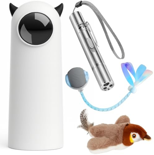 Pet Stufff – Coffret 4 Jouets Interactifs pour Chat avec Herbe à Chat | Laser Automatique Rotatif, Laser Manuel, Balle Interactive, Oiseau Volant avec Catnip | Pack Anti-Stress et Stimulation Féline