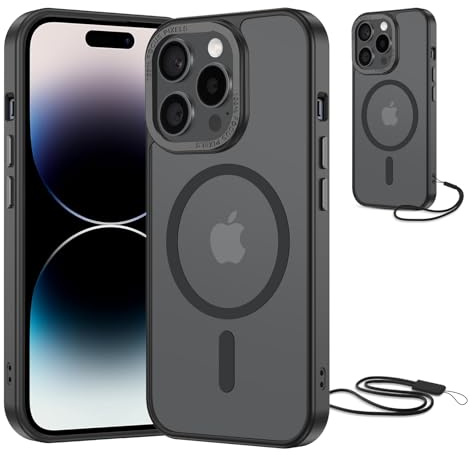 NEW'C Coque pour iPhone 14 Pro, Magnétique Compatible MagSafe | Coque Noir + Cordon détachable, 6,1 pouces, Magnétique, Antichoc militaire, Aimants N56, Fin