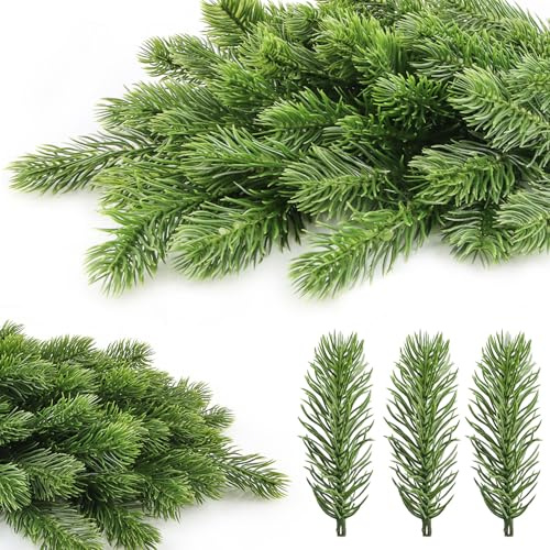 ZoneYan Künstliche Tannenzweige, 60 Stück Grüne Pflanzen Unechte Tannenzweige, kiefernzweige Künstlich, Weihnachten Kiefernnadel, tannengrün künstlich wie echt, für Kranz Home Decor (Court)