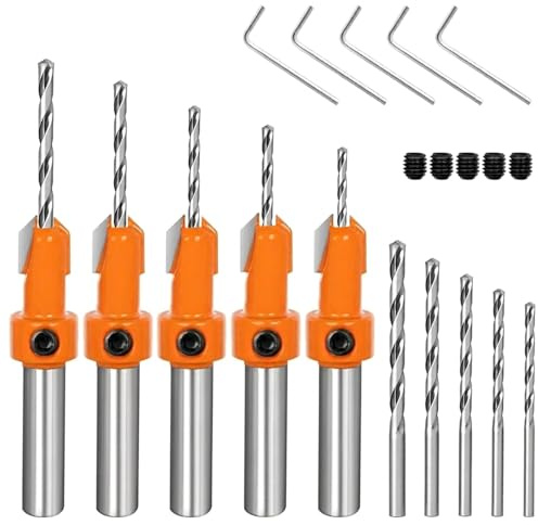 5 Pcs Countersink Drill Bit Set 8mm Adjustable Quick Change for Wood | Includes 5 Replaceable Drill Bits and 5 Wrenches for Accurate Counter Sink Drilling in Woodworking and Joinery