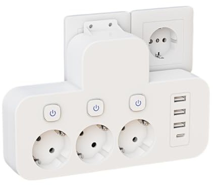 Regleta de enchufes 7 en 1, 3 Tomas Europeas con Interruptor Independiente y 3 Puertos USB + 1 Tipo C, Adecuado para Hogar/Cocina/despacho. Ladron de Pared Sin Cable Enchufes Multiples
