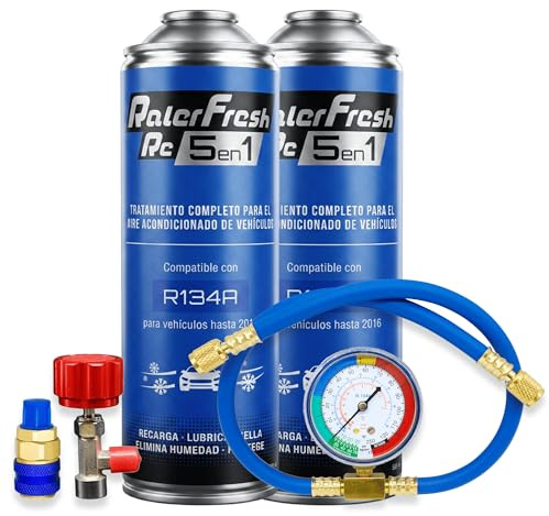 Ralerfresh RC 5 en 1 - Recharge de climatisation compatible avec le R134a - Gaz réfrigérant, colmate les fuites, lubrifie, élimine l'humidité et protège (2 bouteilles + manomètre Tuyau + raccord)