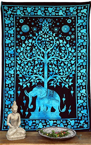 GURU SHOP Boho-Style Wandbehang, Indische Tagesdecke - Tree of Life Elefant/Türkis, Baumwolle, 190x140x0 cm