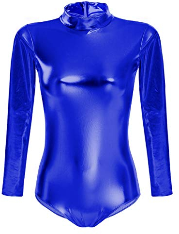 Damen Glänzende Ballettanzug Ballettbody Sport Tanz Body Gymnastikanzug Trikot Langarm Bodysuit Metallic Wetlook Einteiler Turnanzug Leotards Overall Lack Leder Oberteile Top Kostüm Königsblau XL