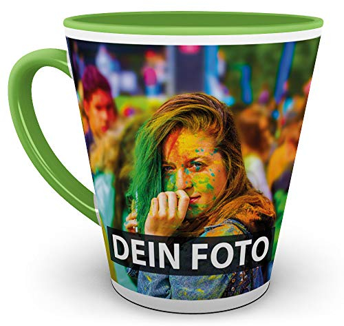 Tasse selbst individuell gestalten/Personalisierbar mit eigenem Foto Bedrucken/Fototasse/Motivtasse/Werbetasse/Firmentasse mit Logo/Konische Tasse Innen & Henkel Hellgrün